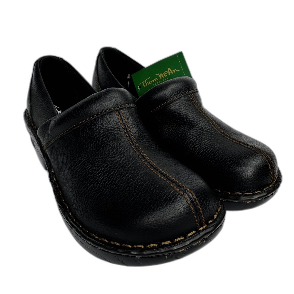 NWT Thom McAn Erin Black Leather Clogs Womens Sz7W Wide Heel Comfort Shoes Nurse